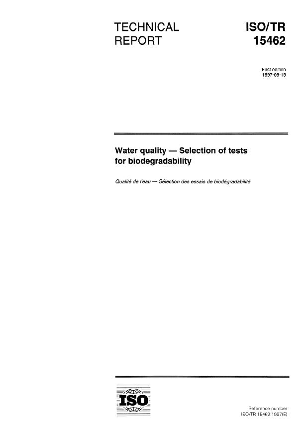 ISO/TR 15462:1997 - Water quality -- Selection of tests for biodegradability