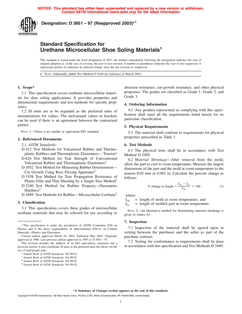 ASTM D3851-97(2003)e1 - Standard Specification for Urethane Microcellular Shoe Soling Materials