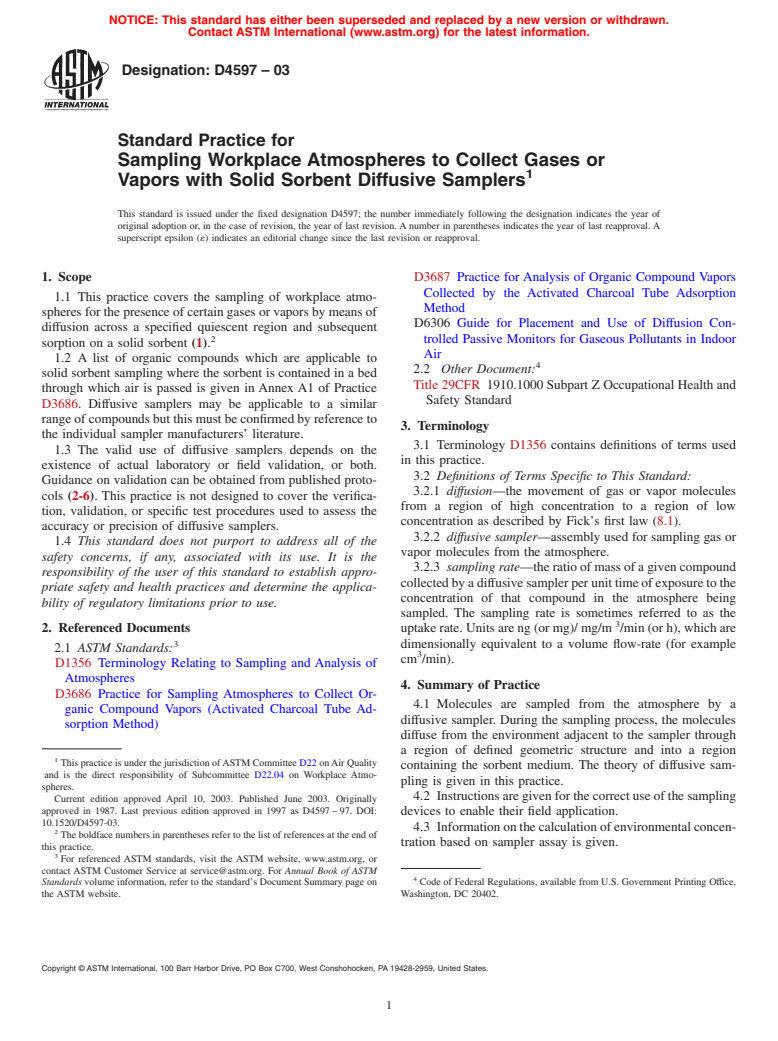 ASTM D4597-03 - Standard Practice for Sampling Workplace Atmospheres to Collect Gases or Vapors with Solid Sorbent Diffusive Samplers