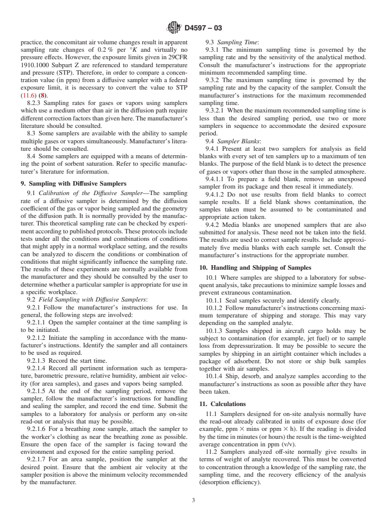 ASTM D4597-03 - Standard Practice for Sampling Workplace Atmospheres to Collect Gases or Vapors with Solid Sorbent Diffusive Samplers