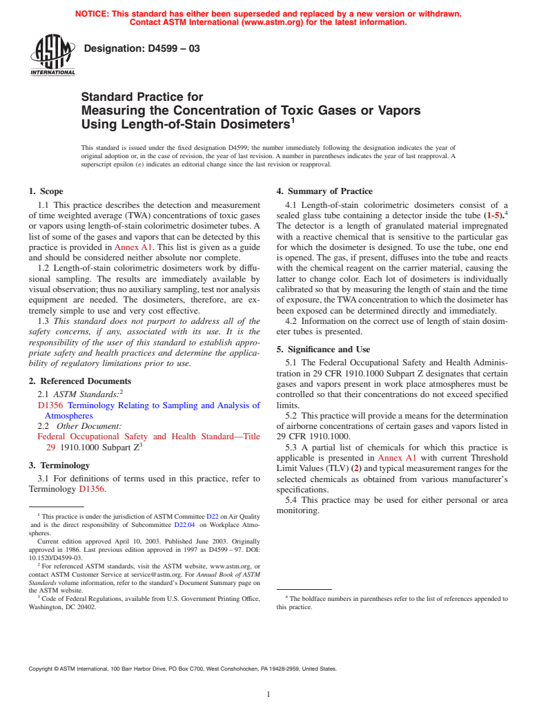 ASTM D4599-03 - Standard Practice for Measuring the Concentration of Toxic Gases or Vapors Using Length-of-Stain Dosimeters