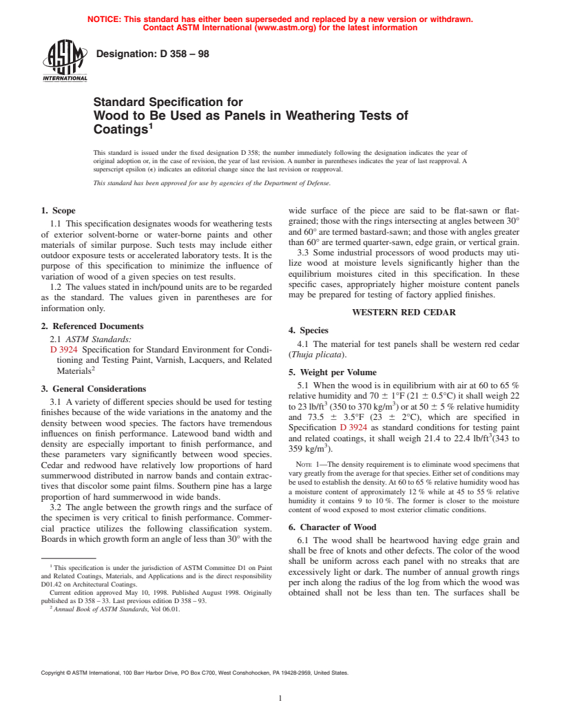 ASTM D358-98 - Standard Specification for Wood to Be Used as Panels in Weathering Tests of Coatings