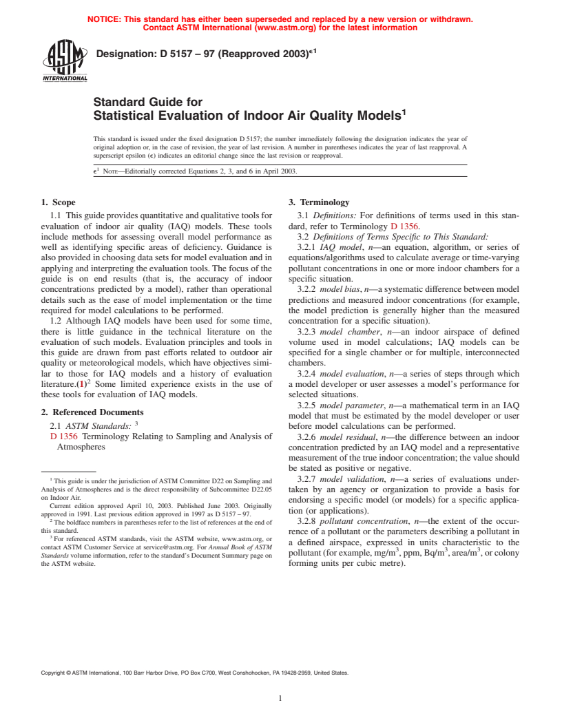 ASTM D5157-97(2003)e1 - Standard Guide for Statistical Evaluation of Indoor Air Quality Models