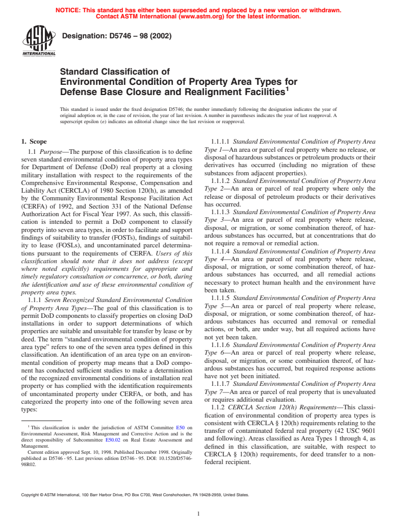 ASTM D5746-98(2002) - Standard Classification of Environmental Condition of Property Area Types for Defense Base Closure and Realignment Facilities