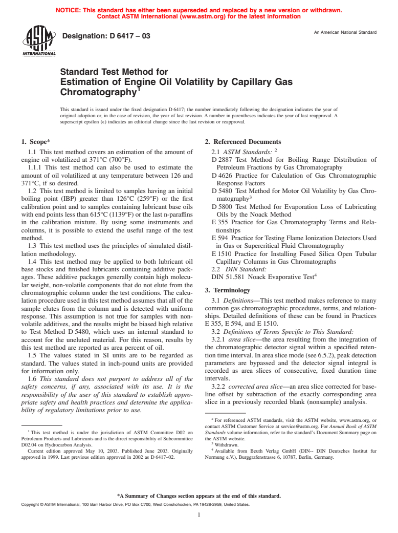 ASTM D6417-03 - Standard Test Method for Estimation of Engine Oil Volatility by Capillary Gas Chromatography