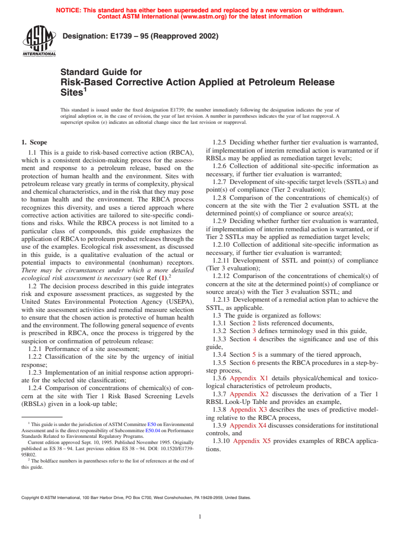 ASTM E1739-95(2002) - Standard Guide for Risk-Based Corrective Action Applied at Petroleum Release Sites