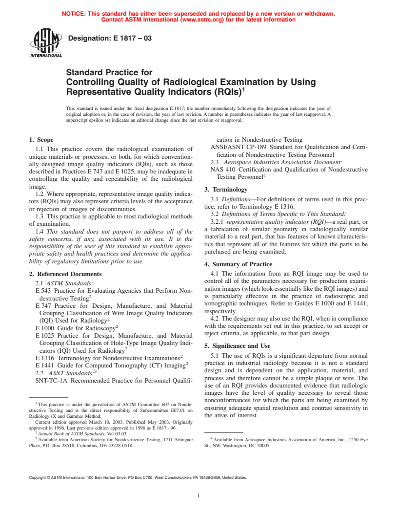 ASTM E1817-03 - Standard Practice for Controlling Quality of Radiological Examination by Using Representative Quality Indicators (RQIs)