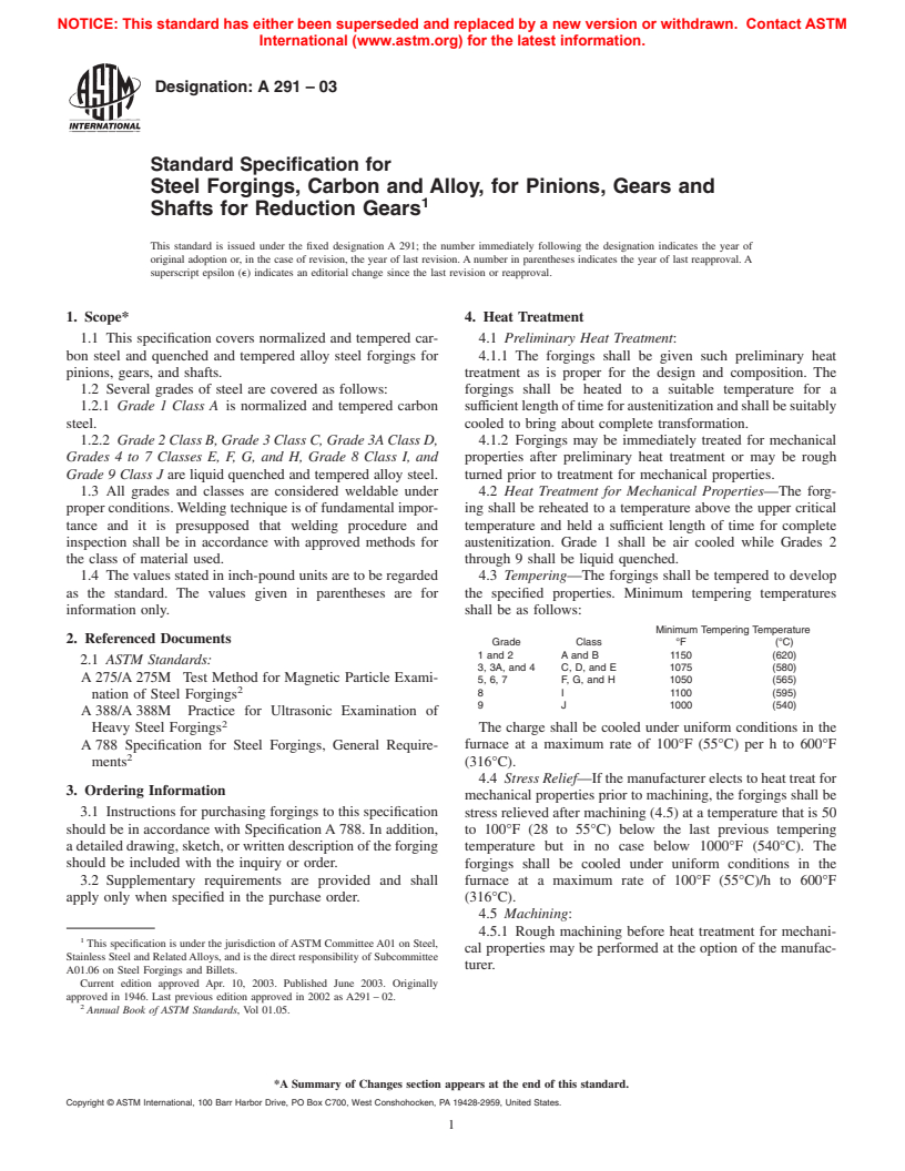 ASTM A291-03 - Standard Specification for Steel Forgings, Carbon and Alloy, for Pinions, Gears and Shafts for Reduction Gears