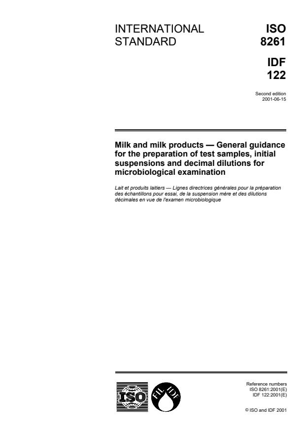 ISO 8261:2001 - Milk and milk products -- General guidance for the preparation of test samples, initial suspensions and decimal dilutions for microbiological examination