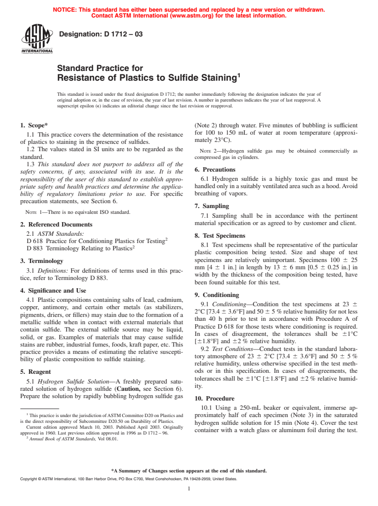 ASTM D1712-03 - Standard Practice for Resistance of Plastics to Sulfide Staining