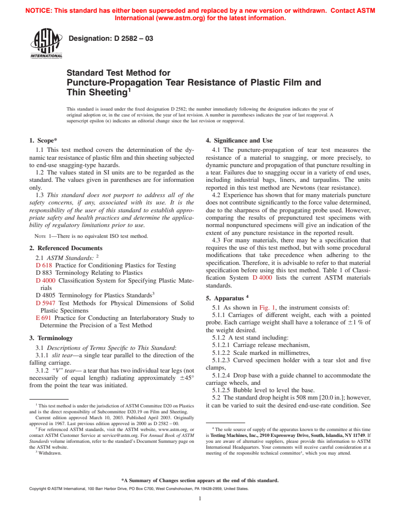 ASTM D2582-03 - Standard Test Method for Puncture-Propagation Tear Resistance of Plastic Film and Thin Sheeting