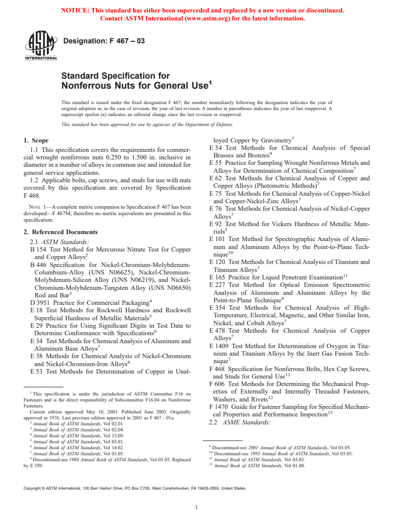 ASTM F467-03 - Standard Specification for Nonferrous Nuts for General Use