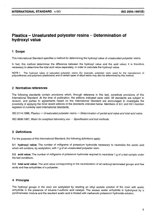 ISO 2554:1997 - Plastics -- Unsaturated polyester resins -- Determination of hydroxyl value