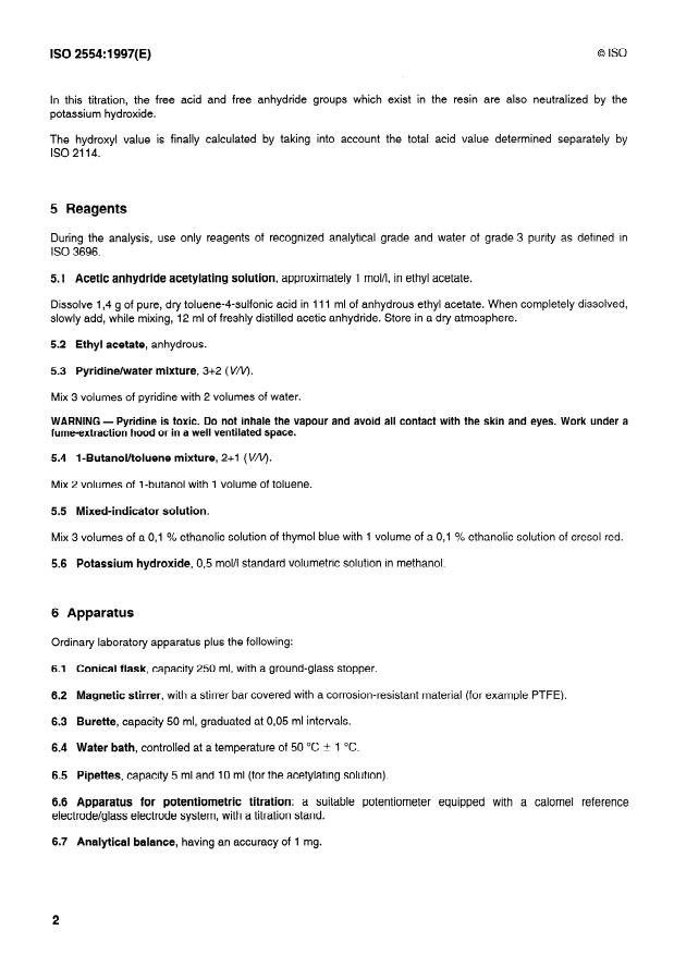 ISO 2554:1997 ISO 2554:1997 - Plastics -- Unsaturated polyester resins -- Determination of hydroxyl value - Page 4 preview