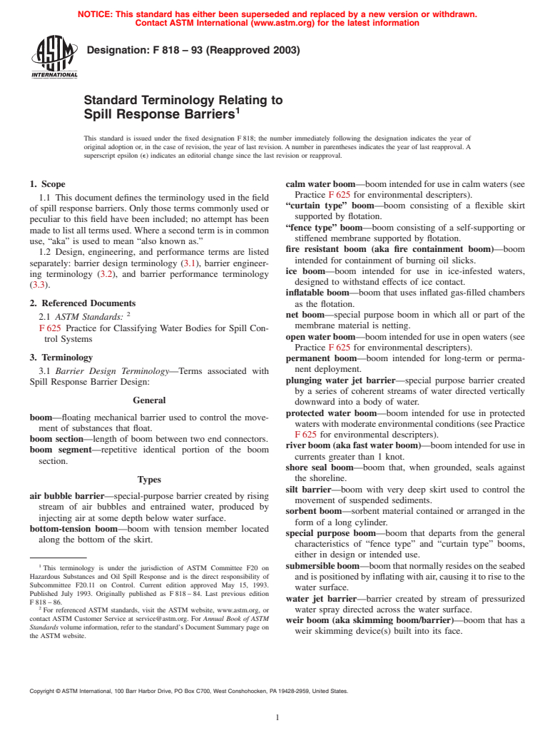 ASTM F818-93(2003) - Standard Terminology Relating to Spill Response Barriers