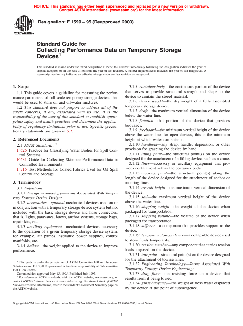 ASTM F1599-95(2003) - Standard Guide for Collecting Performance Data on Temporary Storage Devices