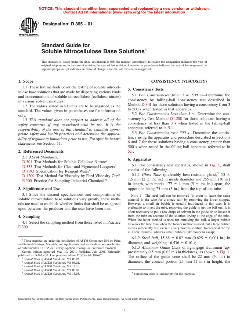 ASTM D365-01 - Standard Guide for Soluble Nitrocellulose Base Solutions