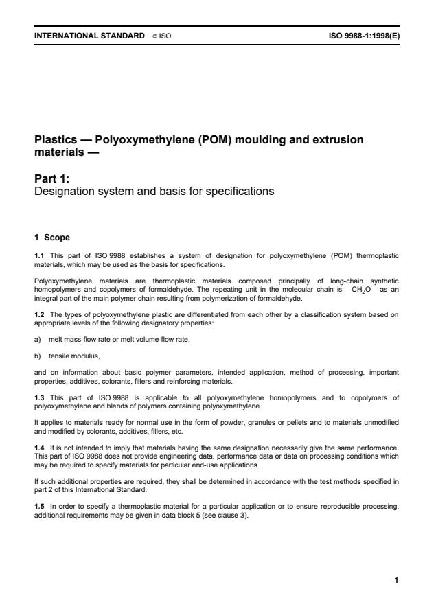 ISO 9988-1:1998 - Plastics -- Polyoxymethylene (POM) moulding and extrusion materials