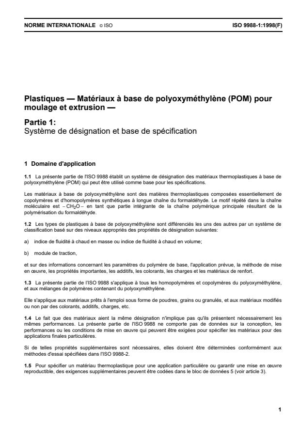 ISO 9988-1:1998 - Plastiques -- Matériaux a base de polyoxyméthylene (POM) pour moulage et extrusion