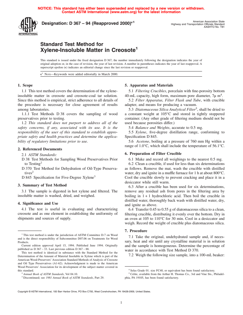 ASTM D367-94(2000)e1 - Standard Test Method for Xylene-Insoluble Matter in Creosote (Withdrawn 2006)