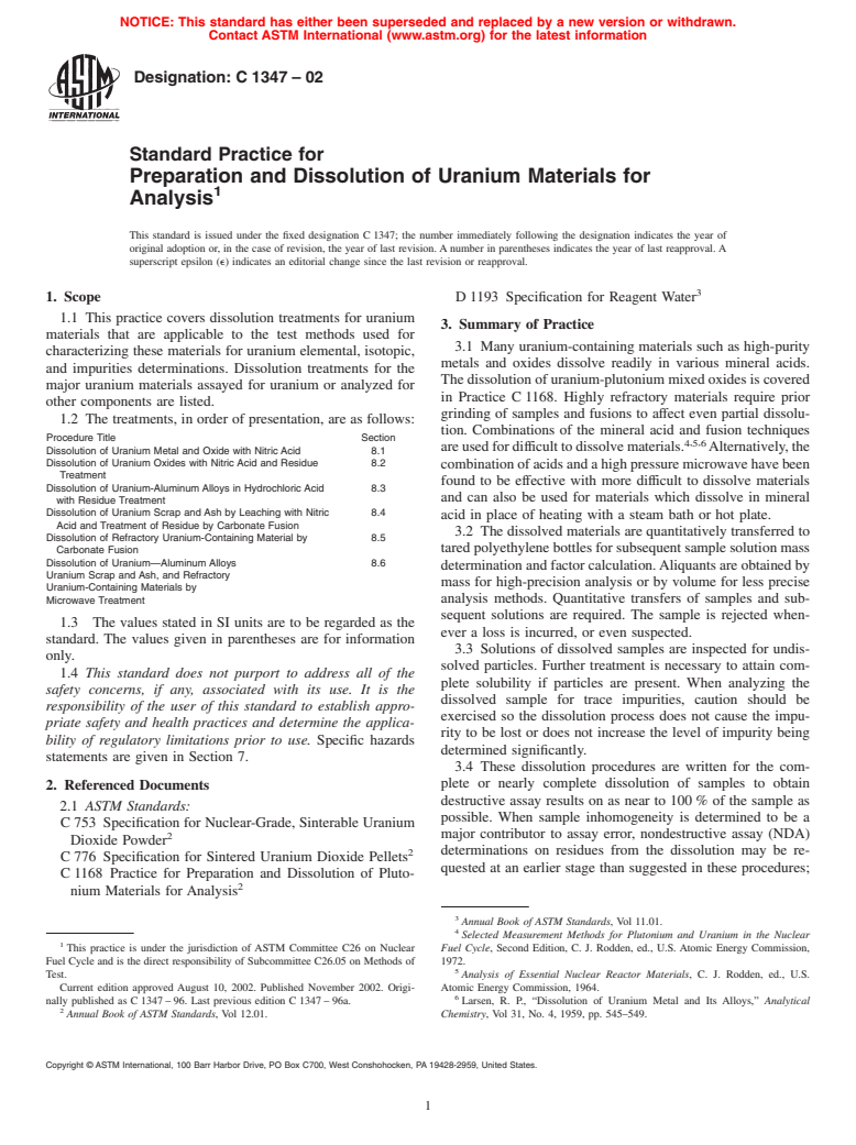 ASTM C1347-02 - Standard Practice for Preparation and Dissolution of Uranium Materials for Analysis