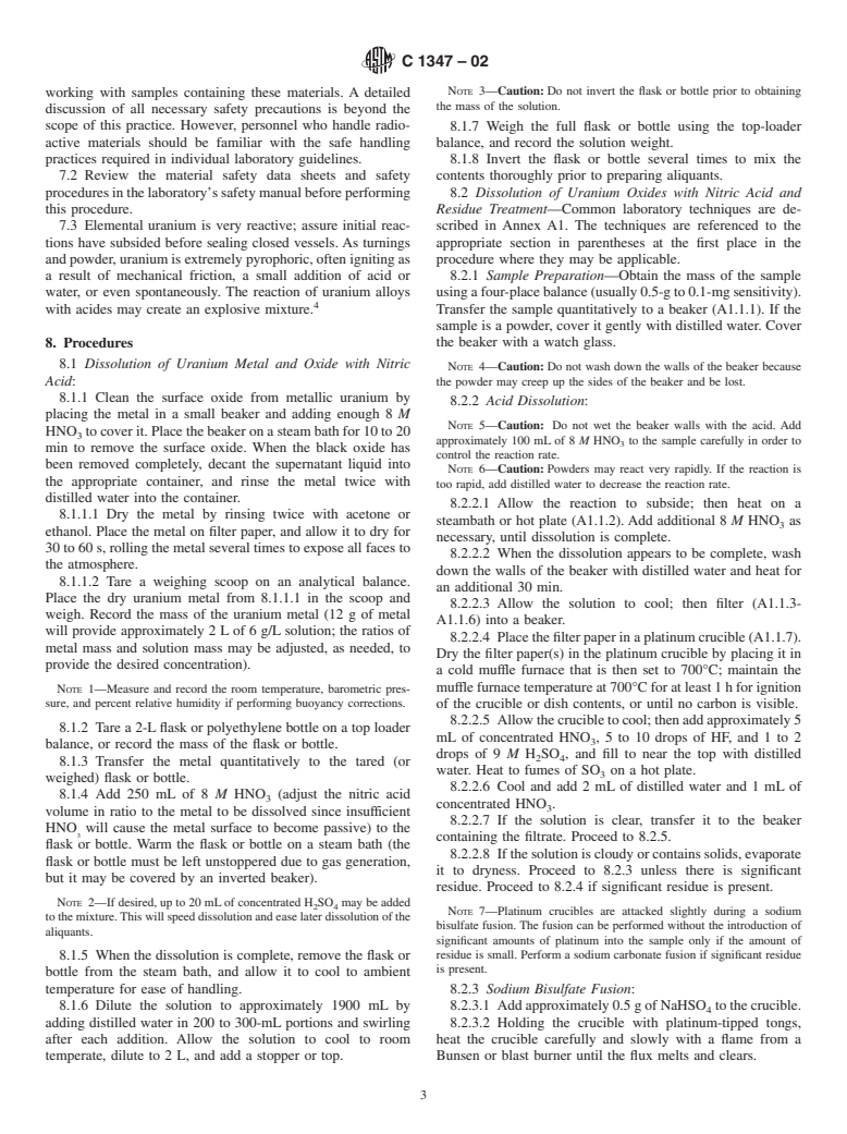 ASTM C1347-02 - Standard Practice for Preparation and Dissolution of Uranium Materials for Analysis