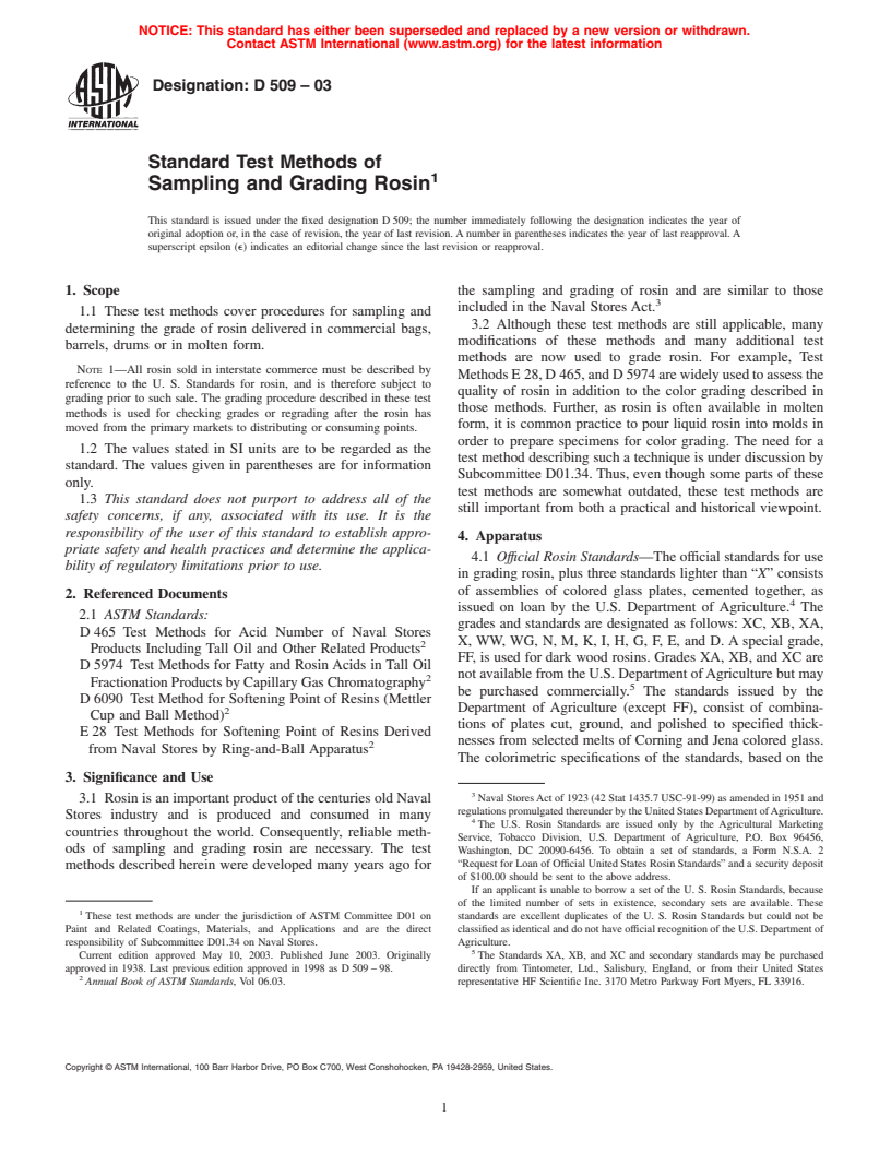 ASTM D509-03 - Standard Test Methods of Sampling and Grading Rosin