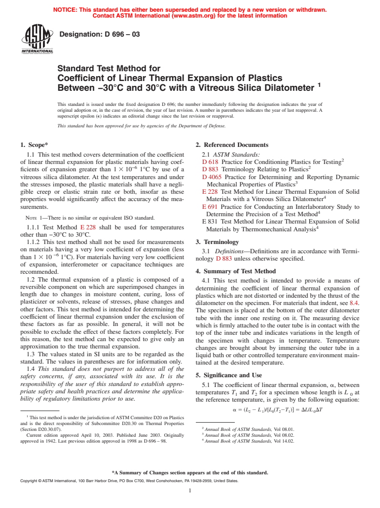 ASTM D696-03 - Standard Test Method for Coefficient of Linear Thermal Expansion of Plastics Between -30&#176C and 30&#176C With a Vitreous Silica Dilatometer