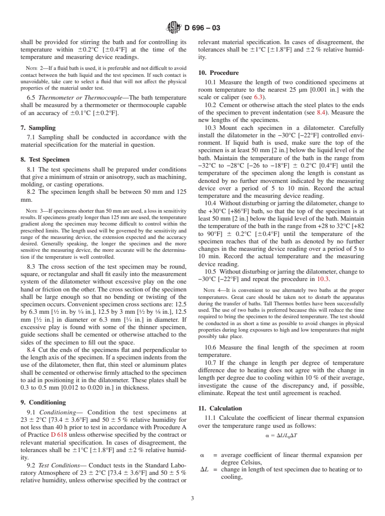 ASTM D696-03 - Standard Test Method for Coefficient of Linear Thermal Expansion of Plastics Between -30&#176C and 30&#176C With a Vitreous Silica Dilatometer