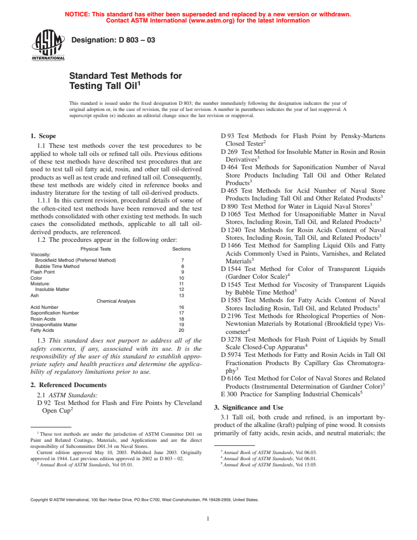 ASTM D803-03 - Standard Test Methods for Testing Tall Oil