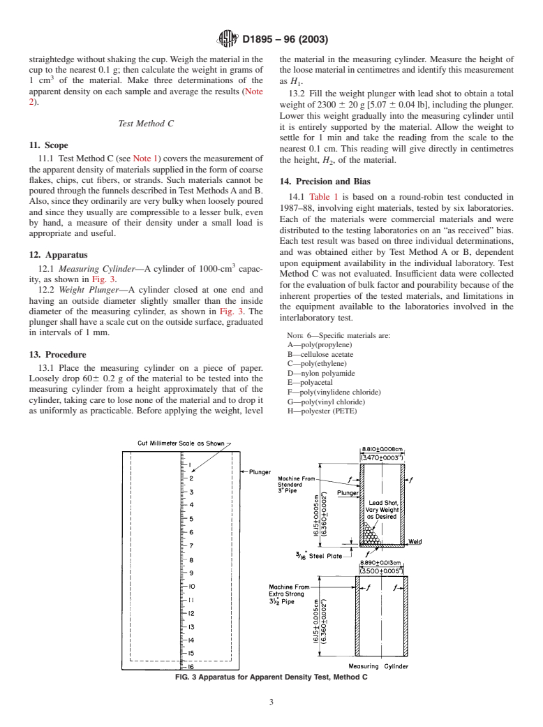 ASTM D1895-96(2003) - Standard Test Methods for Apparent Density, Bulk Factor, and Pourability of Plastic Materials