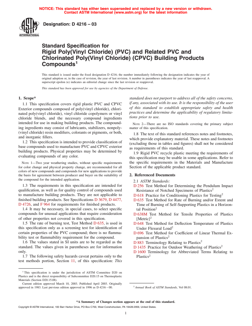 ASTM D4216-03 - Standard Specification for Rigid Poly (Vinyl Chloride) (PVC) and Related PVC and Chlorinated Poly (Vinyl Chloride) (CPVC) Building Products Compounds