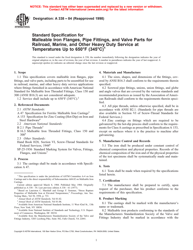 ASTM A338-84(1998) - Standard Specification for Malleable Iron Flanges, Pipe Fittings, and Valve Parts for Railroad, Marine, and Other Heavy Duty Service at Temperatures Up to 650&#176F (345&#176C)