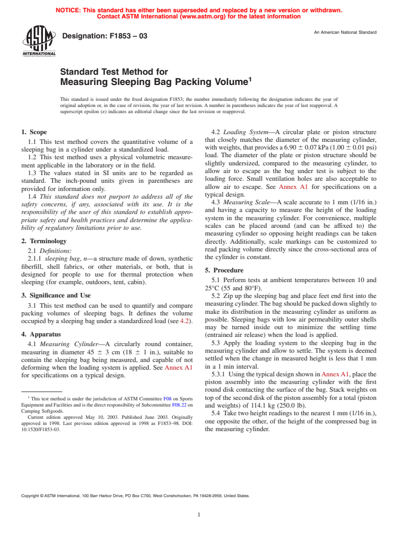 ASTM F1853-03 - Standard Test Method for Measuring Sleeping Bag Packing Volume