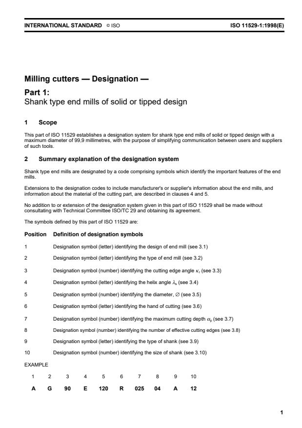 ISO 11529-1:1998 - Milling cutters -- Designation