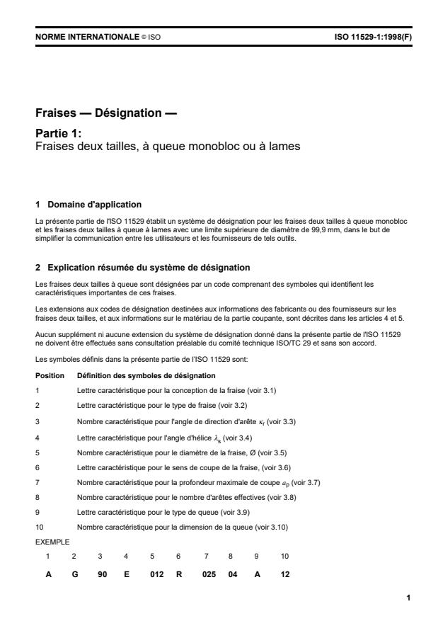 ISO 11529-1:1998 - Fraises -- Désignation