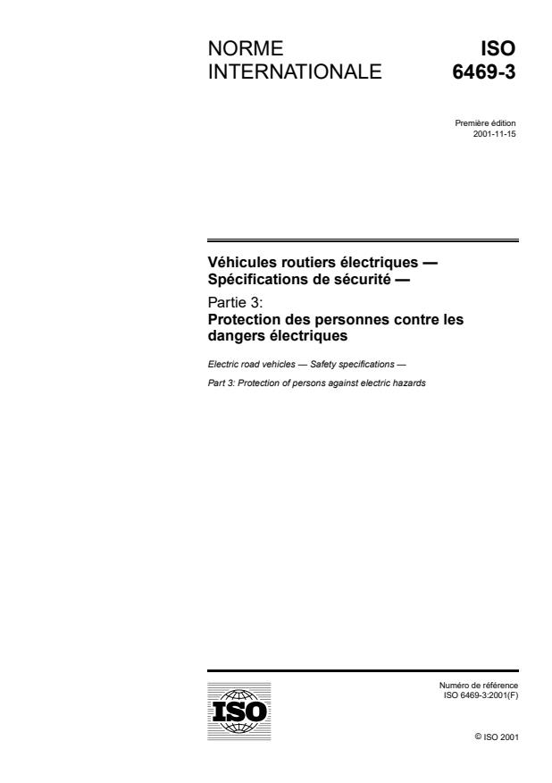 ISO 6469-3:2001 - Véhicules routiers électriques  -- Spécifications de sécurité