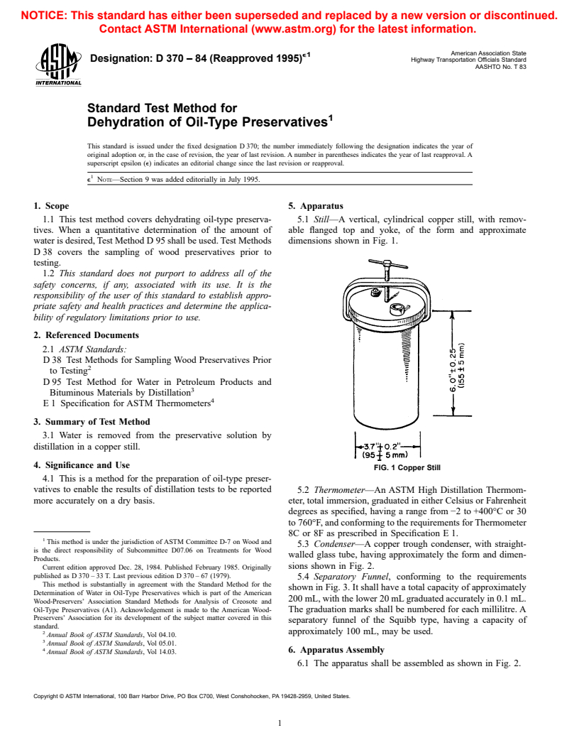 ASTM D370-84(1995)e1 - Standard Test Method for Dehydration of Oil-Type Preservatives