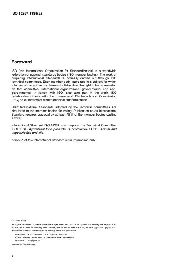 ISO 15267:1998 ISO 15267:1998 - Animal and vegetable fats and oils -- Flashpoint limit test using Pensky-Martens closed cup flash tester - Page 2 preview