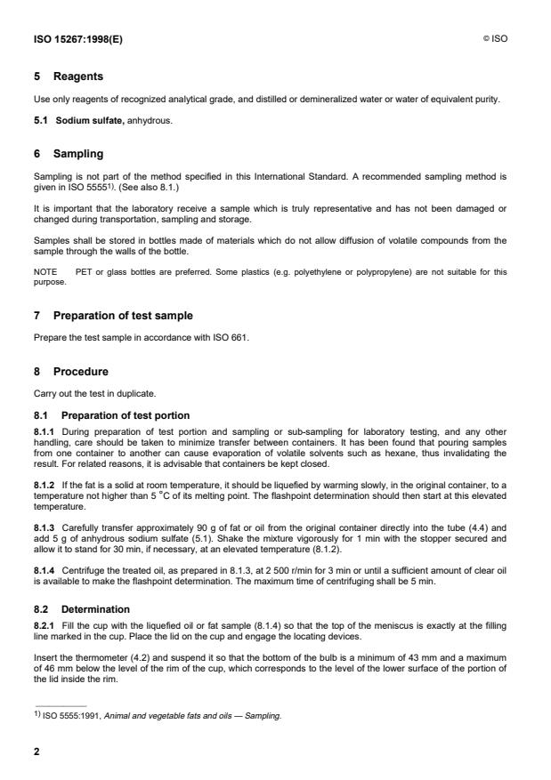 ISO 15267:1998 ISO 15267:1998 - Animal and vegetable fats and oils -- Flashpoint limit test using Pensky-Martens closed cup flash tester - Page 4 preview