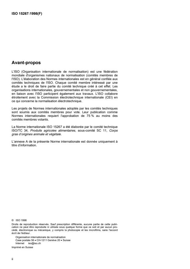 ISO 15267:1998 ISO 15267:1998 - Corps gras d'origines animale et végétale -- Détermination du point d'éclair avec la méthode Pensky-Martens en vase clos - Page 2 preview