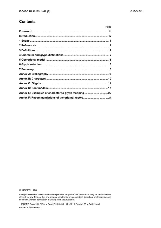 ISO/IEC TR 15285:1998 ISO/IEC TR 15285:1998 - Information technology -- An operational model for characters and glyphs - Page 2 preview