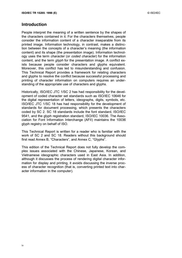 ISO/IEC TR 15285:1998 ISO/IEC TR 15285:1998 - Information technology -- An operational model for characters and glyphs - Page 4 preview