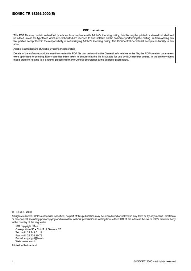 ISO/IEC TR 15294:2000 ISO/IEC TR 15294:2000 - Information technology -- Methods for data flow control at synchronous and asynchronous DTE-DCE interfaces - Page 2 preview