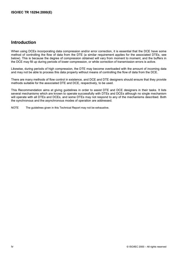 ISO/IEC TR 15294:2000 ISO/IEC TR 15294:2000 - Information technology -- Methods for data flow control at synchronous and asynchronous DTE-DCE interfaces - Page 4 preview
