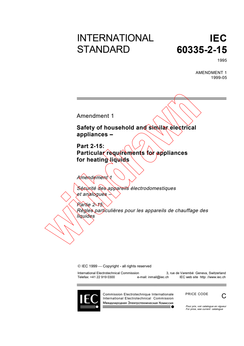 IEC 60335-2-15:1995/AMD1:1999 - Amendment 1 - Safety of household and similar electrical appliances - Part 2-15: Particular requirements for appliances for heating liquids
Released:5/31/1999
Isbn:283184794X