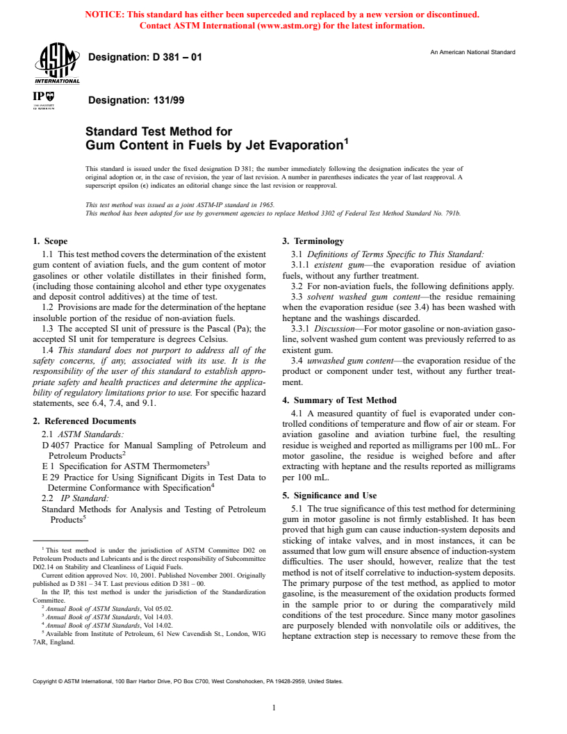 ASTM D381-01 - Standard Test Method for Gum Content in Fuels by Jet Evaporation