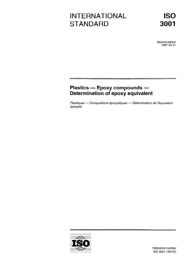 ISO 3001:1997 - Plastics -- Epoxy compounds -- Determination of epoxy equivalent