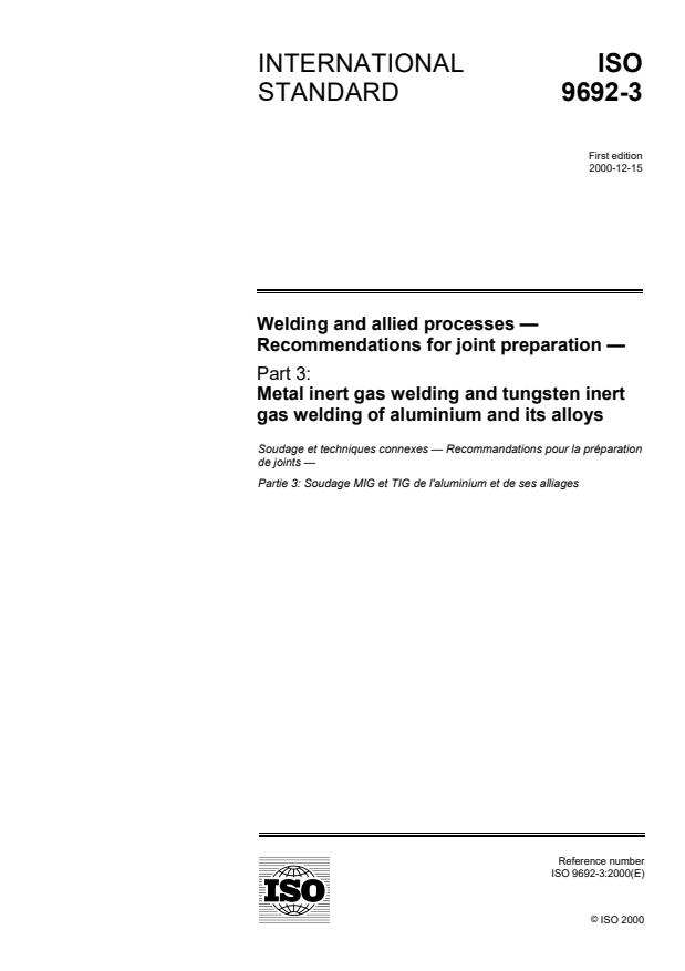ISO 9692-3:2000 - Welding and allied processes -- Recommendations for joint preparation