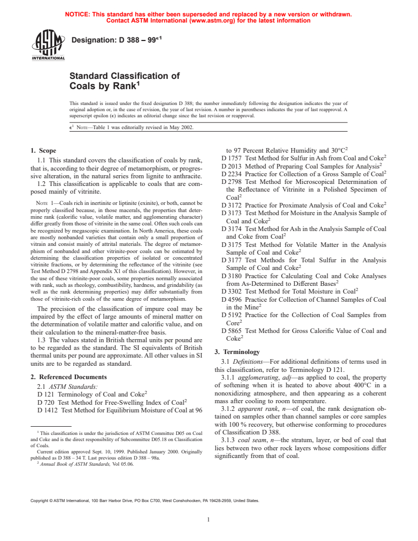 ASTM D388-99e1 - Standard Classification of Coals by Rank